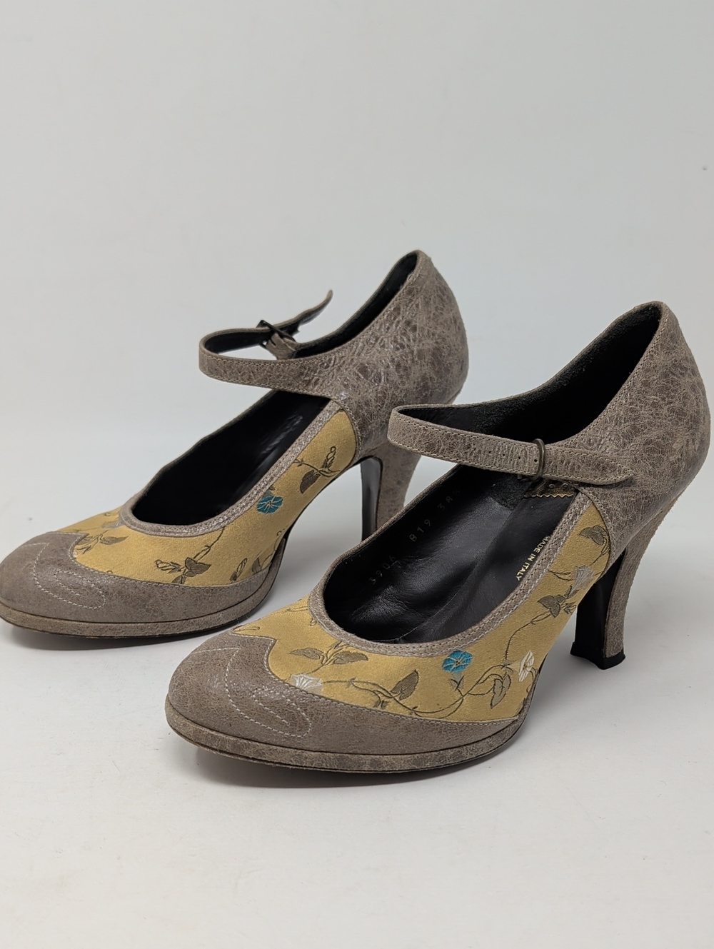 Dries Van Noten Mary Jane Floral Accent Taupe and Mustard Heels